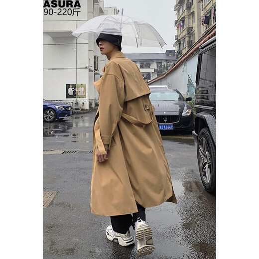 Mid-length windbreaker for fat men plus size plus size trendy coat Korean style casual loose over the knee spring and autumn Hong Kong style 8825 Khaki XL 170-220Jin Jin is equal to 0.5 kg