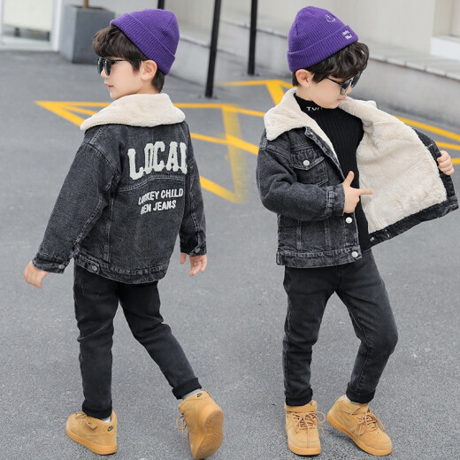 Harlecat children's clothing, boys' parkas, winter children's coats, medium and large children's velvet thickened windbreakers, student denim jacket tops, little boys Korean style warm cotton coats, black 110 size, suitable for heights of about 100 cm