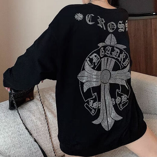 Shangjianfen women's niche 2025 spring and autumn new ins trendy brand hot diamond sweatshirt for women European and American heavy industry Sanskrit cross loose cross hot diamond sweatshirt - black high quality thin section XXS recommended 10Jin Jin equal to 0.5 kg or less