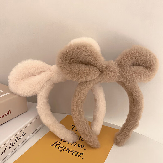 Plush bunny ear headband for women, face wash headband, Internet celebrity hairpin, headband, high skull, cute and playful hair accessory, off-white