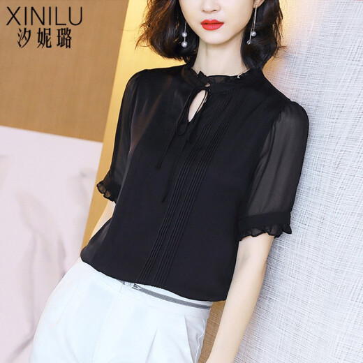 Xinilu short-sleeved shirt for women 2020 summer new women's Korean fashion chiffon shirt women's top elegant and versatile shirt for women C525 black L