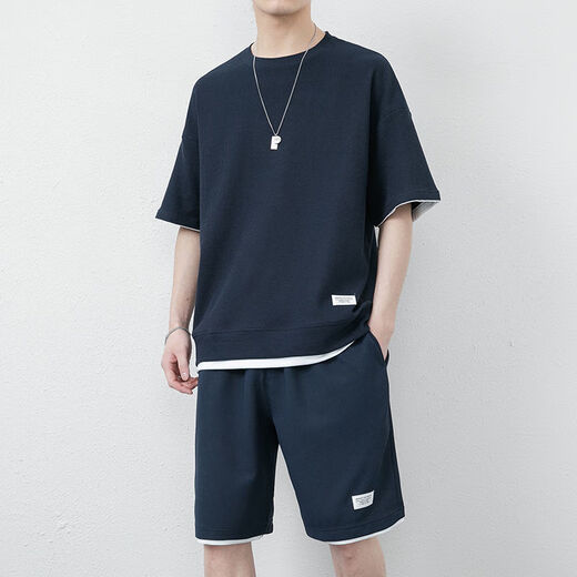 
Hair funny clothes for men in summer waffle ice silk short-sleeved T-shirt for men in sports fake two-piece short-sleeved casual suit men's clothing set with handsome half-sleeved solid color gray apricot color (X3880 set) xs 30Jin[Jin equals 0.5 kg]