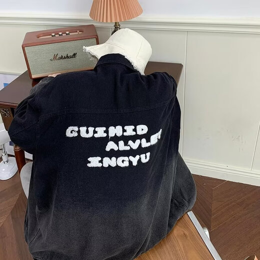 Gangpu Trendy Gradient Denim Jacke Herren Spring High Street Trendy Jacke gutaussehend vielseitige Männer Kleidung amerikanische Baseballuniform schwarz L