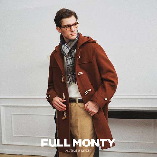 FULL MONTY【牛角扣】毛呢大衣男款连帽呢子大衣商务休闲羊毛中长款外套秋冬 焦糖色6241 50