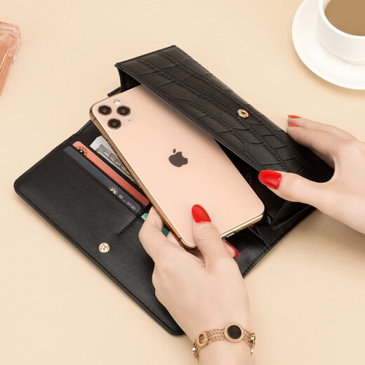 Cnoles first-layer cowhide wallet women's long multi-functional clutch retro large-capacity coin purse women's gift box card bag birthday gift black