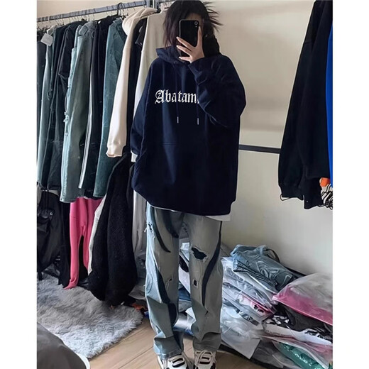 Qiao Shitongs neuer amerikanisch bedruckter Kapuzen-Sweatshirt für Frauen losen lässige, vielseitige Tops Trendy Ins plus Samt verdickte R12161 White-Plus Fleece M