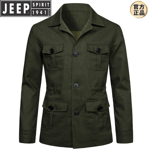 JEEP SPIRIT时尚米白色西装领多口袋工装夹克外套男休闲亚麻猎装德式风衣大码 藏青色 4XL 200斤左右体重