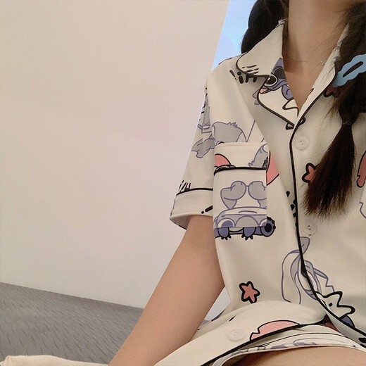 浅物史迪仔三件套睡衣女短袖短裤长裤棉夏季2025年新款学生可爱卡通 14137#星星拉布布 三件套 M  80-100斤