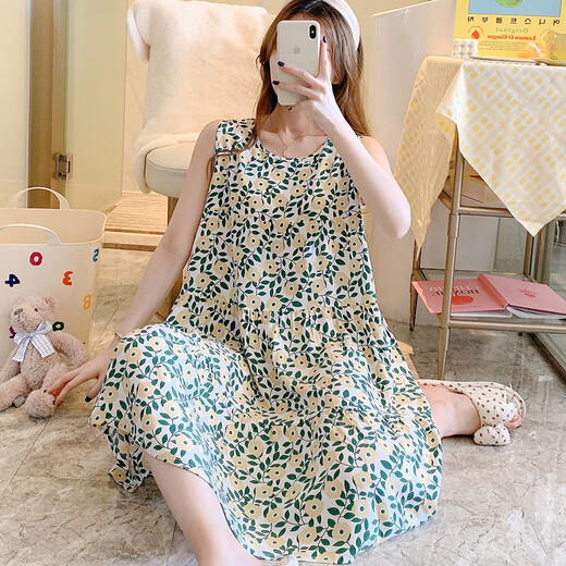 ZHIDOUDOU无袖棉绸睡裙女春夏季网红大码睡衣家居服日系仙女裙学生绵绸裙薄 1697碎花黄 2XL