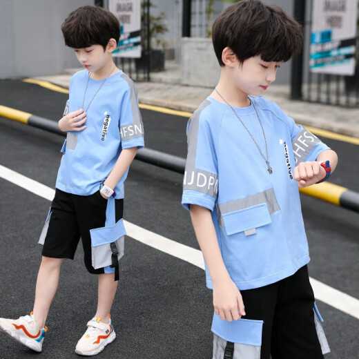 Venetutu Boys Suit Summer Clothes 2022 Summer New Korean Children's Suit Little Boy Two-piece Set Medium and Large Children's Short-Sleeved T-shirt Shorts Fashionable and Handsome Clothes 3-15 Years Old Blue 150 Size Recommended Height About 140 Centimeters