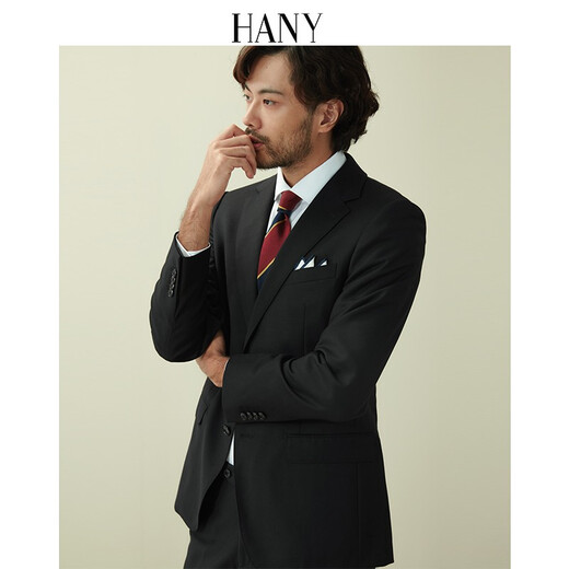 Hany (HANY) high-end craftsmanship pure wool suit suit for men's wedding, groom's wedding, black high-end business suit for men, Onius black, flat lapel 7.8CM, fitted version 46 For trousers, please contact customer service to select the size