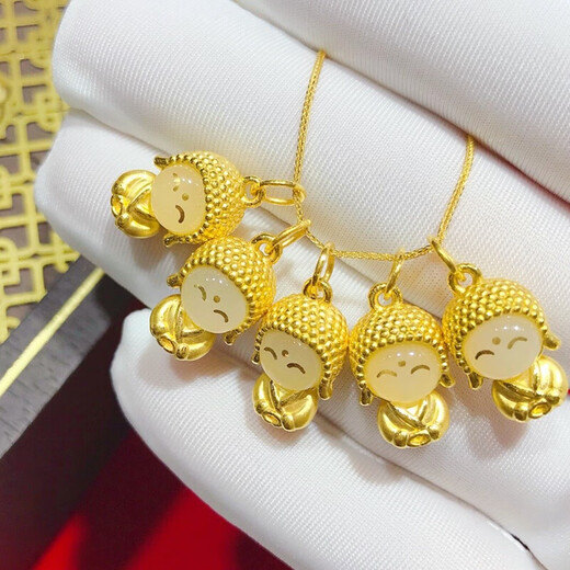 Gold pendant for women gold inlaid jade little cute Buddha 999 solid gold hard gold Hetian jade happy Maitreya Buddha birth year jewelry pure gold happy cute Buddha pendant free gold plated silver necklace free certificate