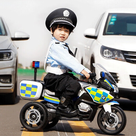 小乐狗儿童电动车摩托车警车玩具车可坐人电瓶充电三轮车宝宝男孩遥控 绿色遥控警车超大电瓶+早教
