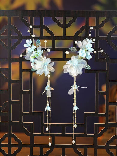 Meng Junchen Hanfu ancient style headdress female fairy silk flower hair comb flower hairpin tassel blue hair accessories clip set of accessories complete set of ear clips