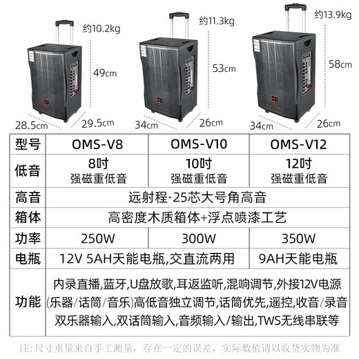 European and American outdoor karaoke singing live broadcast mobile audio outdoor professional high-power square dance portable bluetooth trolley speaker subwoofer with wireless microphone 12-inch subwoofer 350W model V12 2* wireless U-segment handheld microphone + gift package