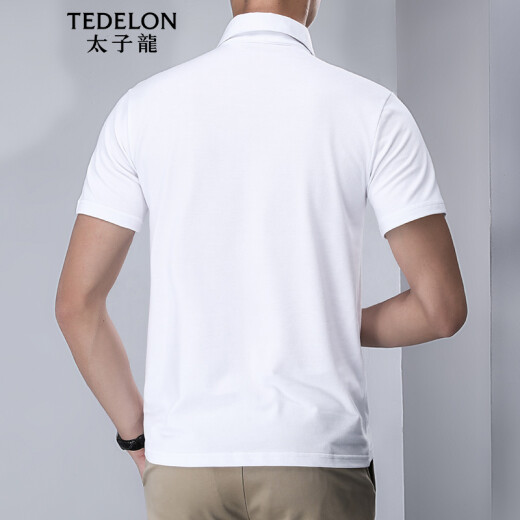TEDELON POLO shirt men's lapel single-breasted solid color cotton men's slim short-sleeved T-shirt casual top T02202 white M