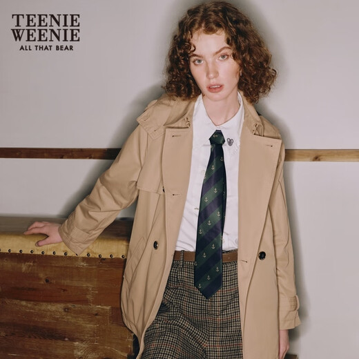 Teenie Weenie stockless bear autumn and winter college style medium-length windbreaker jacket for women Khaki S 160