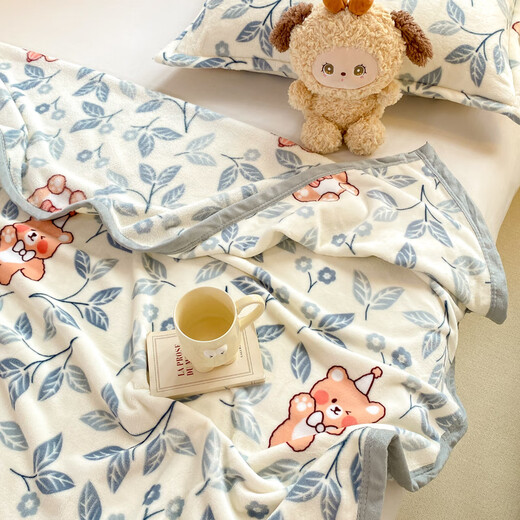 Red Bean Blanket Thick Autumn and Winter Single Bed Office Sofa Plush Single Blanket Milk Velvet Nap Blanket Plus Velvet Blanket Pad Blue Leaf Bear Double-sided Velvet/Treadable and Coverable 70*100cm Single Baby Blanket