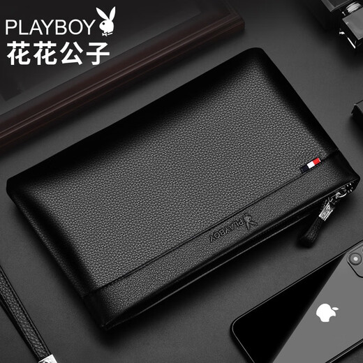 花花公子（PLAYBOY）头层牛皮男士手包真皮大容量手拿包拉链钱包商务休闲信封包手抓包 时尚大容量黑色【手腕带】
