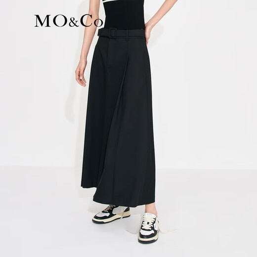 MO&Co. Mid-high waist long pleated loose A-line skirt umbrella skirt (with belt) design skirt Moanke black-2nd batch M 165