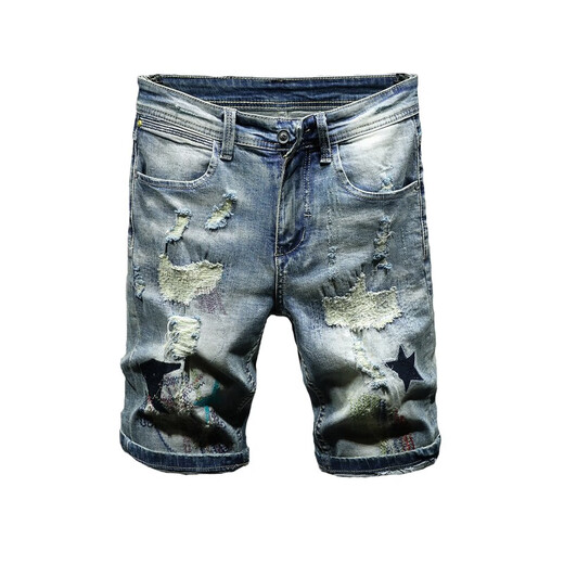 Niu Bafang Neue Sommer -Internet -Promi Stickerei Rippte Haired Cat Whisker Denim Shorts Herrenmodische Marke Persönlichkeit Modetrend Elastischer Sommer -Männer -Denim -Shorts 826 Hellblau Größe 34 (zwei Füße sieben)