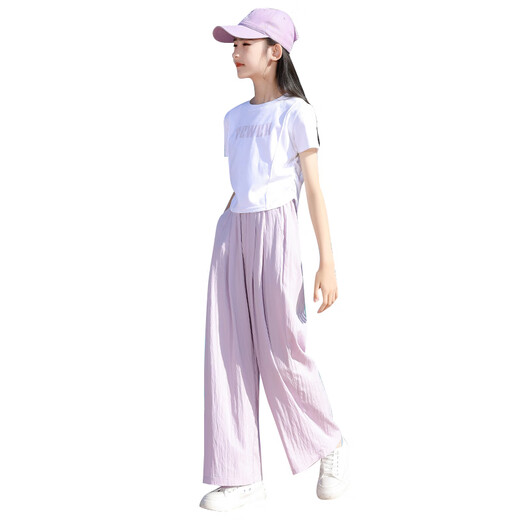 Pitt Pitt Pitt Girls Summer traje de traje de verano 2025 Niños grandes de moda y deportivos Summer Nuevo juego de dos piezas Summer de 12 años Summer 9889 White + 15088 Pink Purple [Set] 160 cm