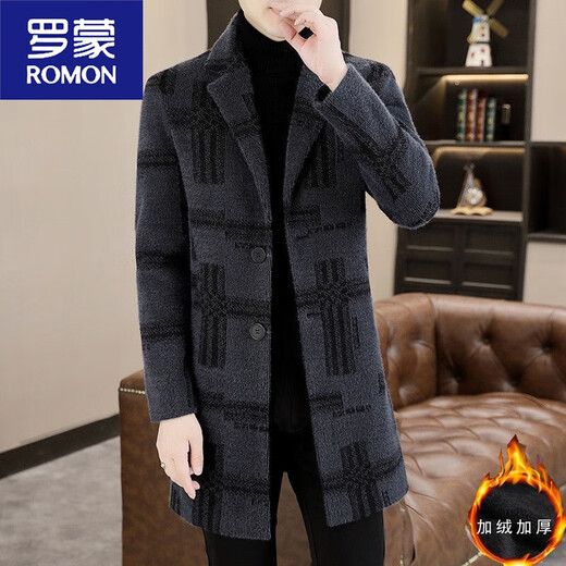 ROMON new winter woolen coat men's mid-length plus velvet warm windbreaker casual men's woolen coat light gray 3XL