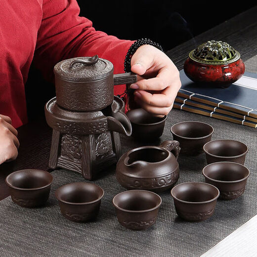 Jingdezhen purple sand stone grinding semi-automatic Kung Fu tea set lazy anti-scalding retro creative time to run ceramic graphite purple sand to success semi-automatic