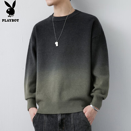 花花公子（PLAYBOY）毛衣男圆领秋冬季针织衫男士外套线衣男装打底衫 上灰下绿 XL 