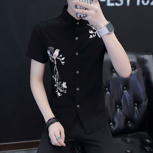 Yunhanye short-sleeved shirt men's Korean style trendy slim casual printed teenager summer half-sleeved shirt handsome shirt trendy 829 black high quality M suitable for 80-100Jin [Jin equals 0.5 kg]