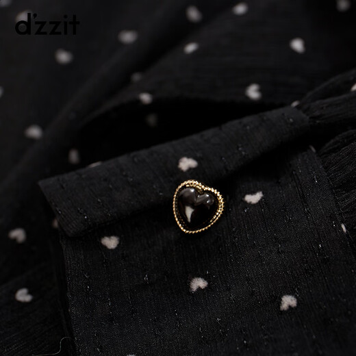 DZZIT Spring and Summer French Romantic Ruffle Decoration Love Flocking Top Women Black XS