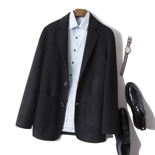 Mushi, Herbst und Winter doppelseitige Herrenjacke 100% Wollmantel, Herrenanzugkragen, fester Farbknopf äußere Verschleiß Zy3012 Schwarz XL
