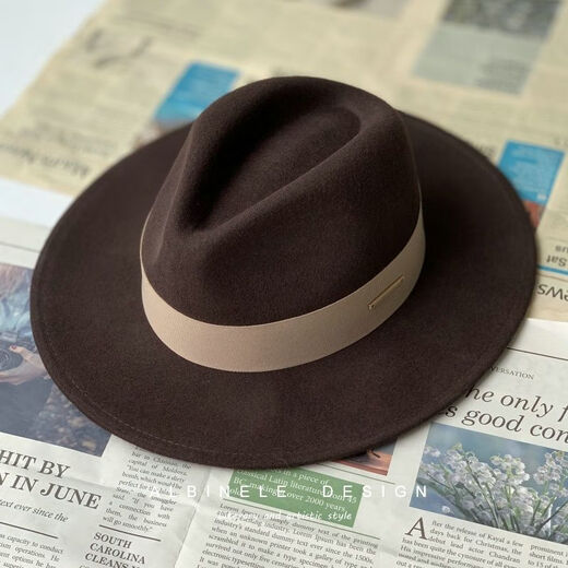 ALBINELE French new autumn and winter flat-brimmed woolen hat for men and women, fashionable wide brim black versatile European and American large head circumference camel mixed camel (fashionable) M size 54-57cm head circumference (regular) adjustable