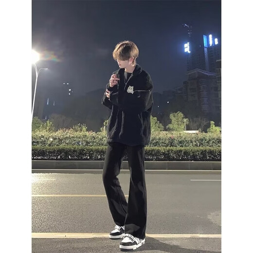 Haoshu Denim Micro-Flare Pantalon Spring and Summer Black Pants High Street Pantalon American Low Straight Drooping Micro-Flare Pantal