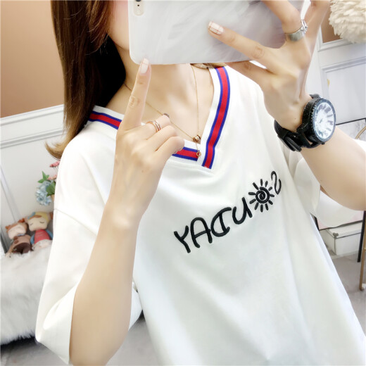 Langyue women's summer V-neck short-sleeved T-shirt for female students Korean style loose letter printed top trendy LWTD204420 white short-sleeved M/one size