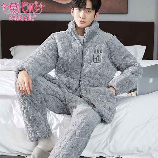 Modal winter coral velvet pajamas men's suit thickened flannel three-layer cotton jacket wearing middle-aged and young home clothes 9913 dark gray L weight (90-120Jin [Jin equals 0.5 kg])
