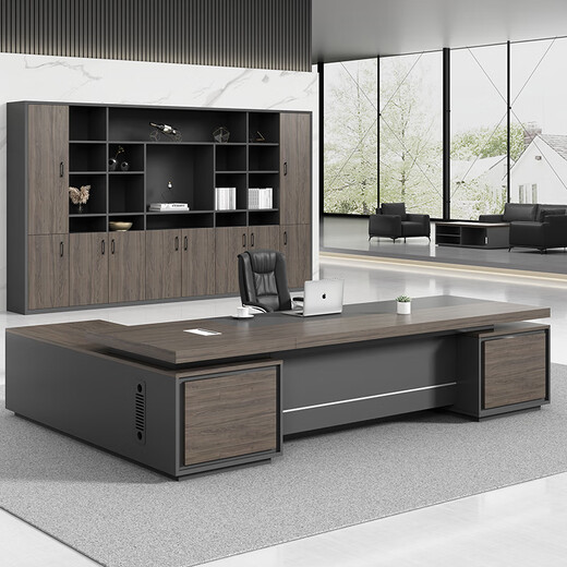 Dilin boss desk desk supervisor manager desk simple modern office furniture leadership table and chair combination single executive desk ebony wood with iron gray (long cabinet on the right) 2 meters including double side cabinets + chairs + 2.4 meters bookcase