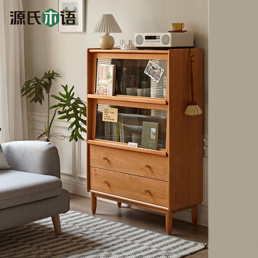 源氏木语实木玻璃翻门电视柜边柜樱桃木储物柜现代简约收纳柜书柜