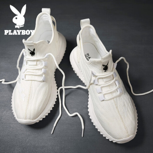 Playboy casual shoes men's new winter sports shoes elastic breathable mesh lace-up youth fashion men's shoes non-slip bottom trend winter coconut shoes dad shoes hiking shoes Xiao PL160060 white 44 men's model
