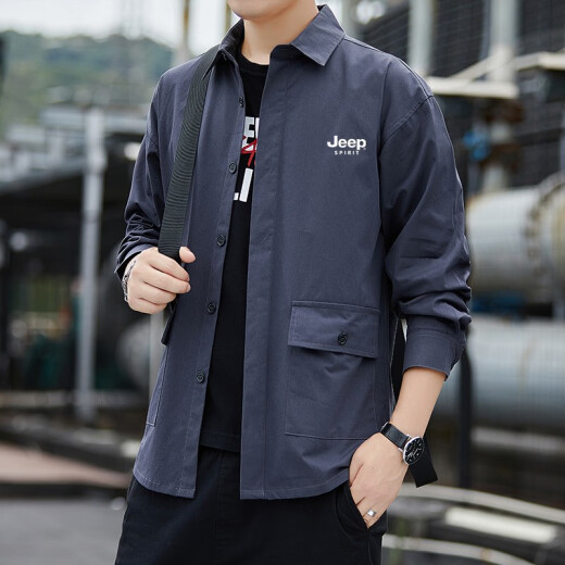 JEEP SPIRIT吉普长袖衬衫男春秋季休闲衬衣外套上衣中青年纯色外穿时尚百服装 军绿 XL (130斤-150斤)