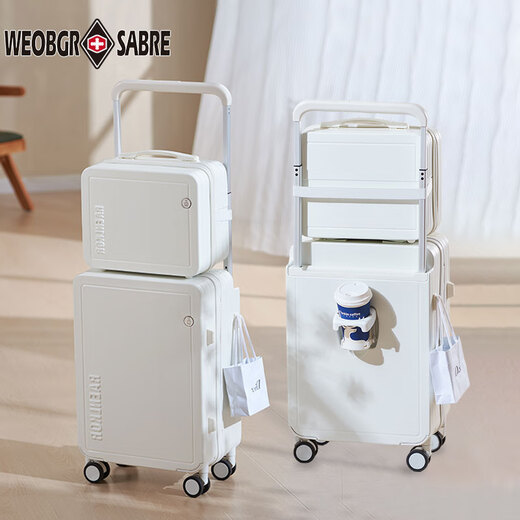 WEOBGR SABER Swiss Luggage Mother Box 20 Women's Wide Trolley Suitcase Premium Password Boarding Case 24 White Mother Box - Rechargeable + Hook + Cup Holder 20 inches - Frosted and scratch-resistant - Suitable for 5-10 days of travel