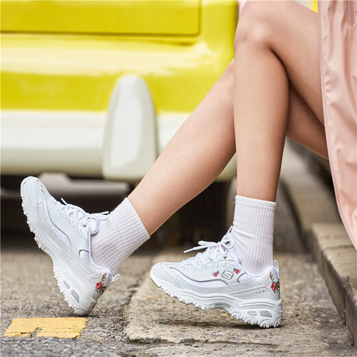 Skecher white dad shoes women's summer white shoes couple's flagship panda shoes outdoor casual sneakers women [flower style] 11977-WHT 35