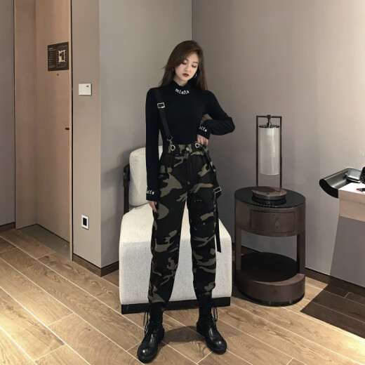 Support domestic product Hongxing Erke [good quality] new cool style women's camouflage overalls for early autumn, women's spring and autumn handsome hip-hop high-waist leg set ins trendy black one-piece sweatshirt + camouflage overalls [two-piece set version] M