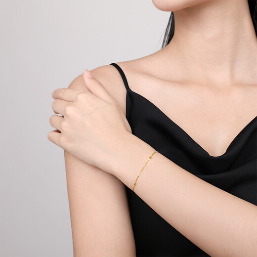 Saturday Fortune (ZLF) yellow 18K gold bracelet, round beads, women's color gold bracelet, small gold beads, holiday gift for girlfriend, about 0.8-1g, 16cm + tail chain 3cm