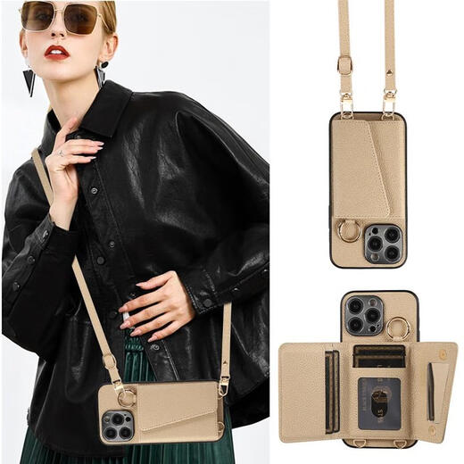 Tongrubi Apple 16promax mobile phone case crossbody card bag suitable for iPhone 15 mobile phone case can be backed by Apple 13Promax with bag pocket 14pro with hanging black lychee pattern wallet card case can be plugged in + strap iPhone 14