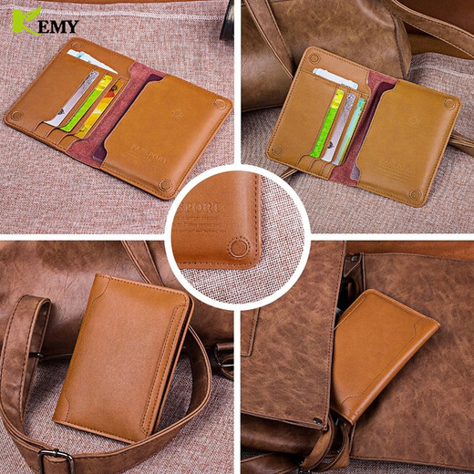 Kimo (KEMY) European and American cowhide passport bag two-layer cowhide ticket wallet travel document storage bag multi-function simple and elegant card brown