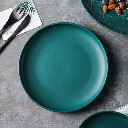 Nordic Matte Ceramic Western Plate Dark Green Household Round Tableware Cake Plate Salad Plate Steak Pasta Plate Black Line Steak Plate-10 Inch ([Thickened])