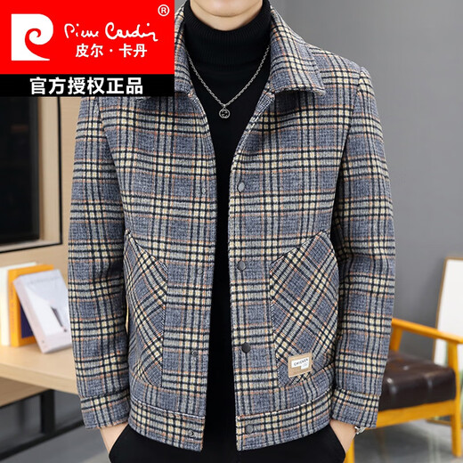 Pierre Cardin 2025 autumn and winter new plaid woolen coat men's lapel jacket young men handsome woolen coat knitted R2206 blue plaid 2XL (about 145~160Jin Jin equals 0.5 kg can be worn)