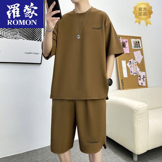 
ROMON 2025 Summer Casual Sports Set Men's Thin Loose Breathable Short Sleeve Shorts Two-Piece Set Handsome Men's Clothing TZ683DT Military Green Short Sleeve + Shorts M