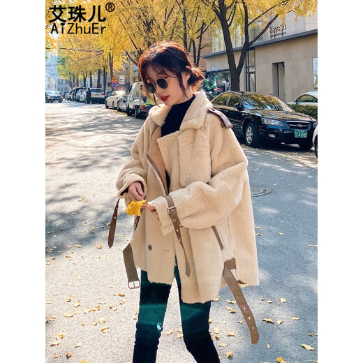 艾珠儿羊羔毛外套女冬季新款韩版宽松加厚皮毛一体羊羔绒短款机车大衣女 米色 S